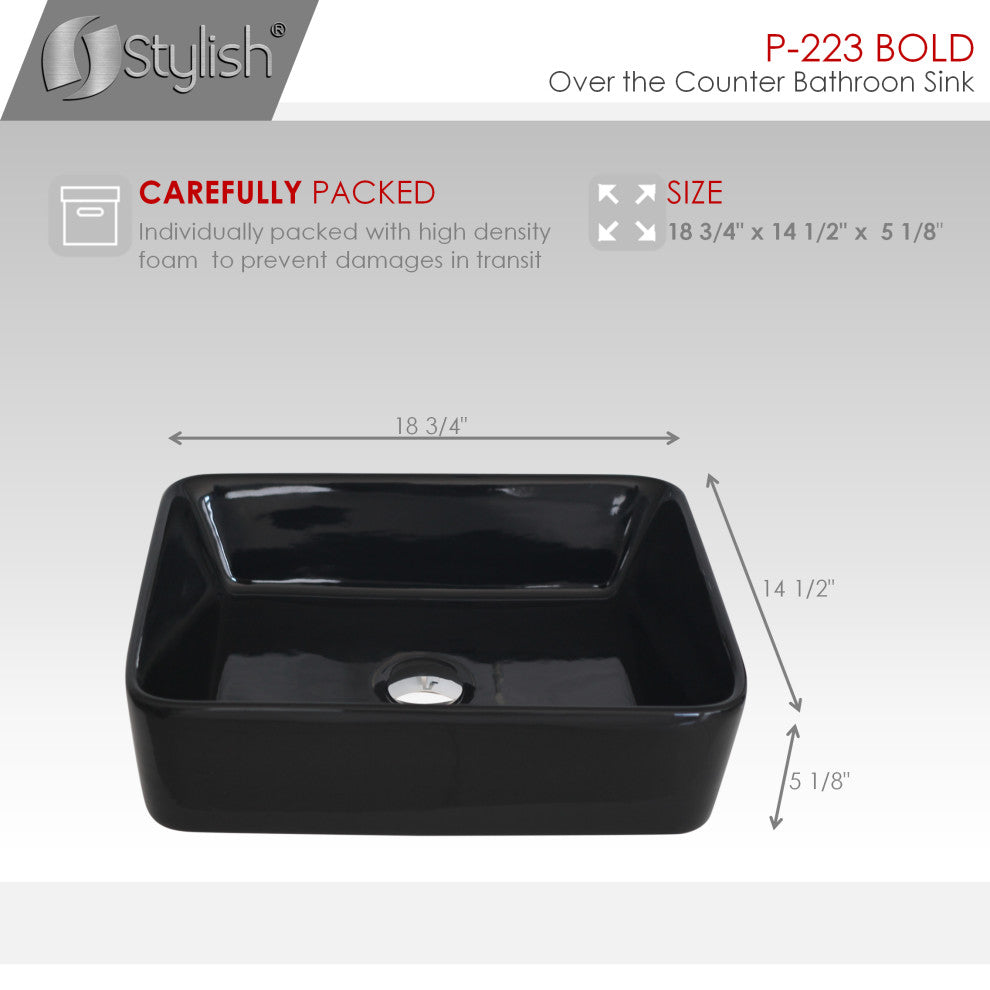 STYLISH 18" White Rectangular Ceramic Vessel Bathroom Sink Black
