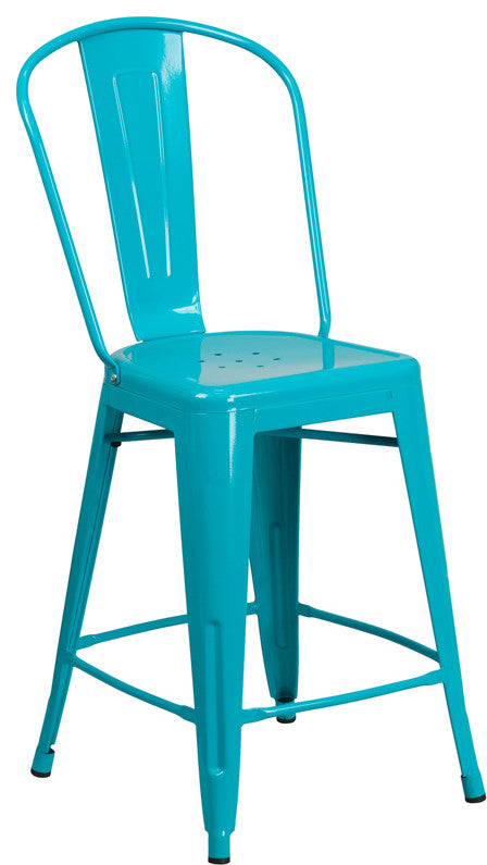 24" High Crystal Teal-Blue Metal Indoor-Outdoor Counter Stool With Back