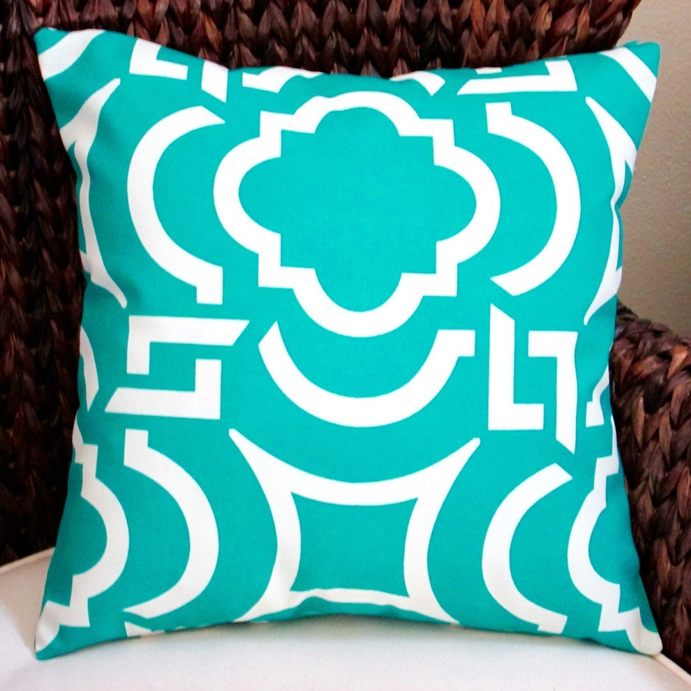 Outdoor Modern Geometric Throw Pillows, Set of 2, Teal, 18", Cover and Insert