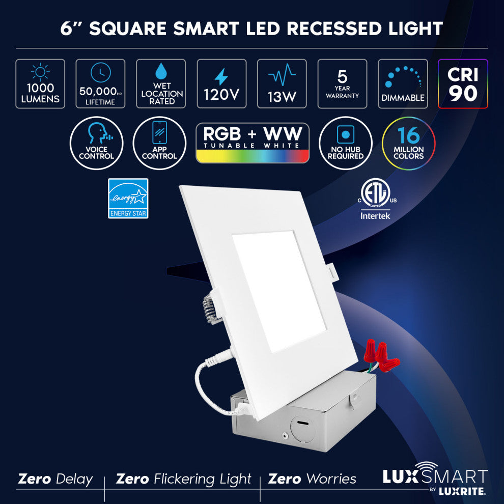 Luxrite 6" Square Smart LED Recessed Light RGBW Color Changing 4-Pack