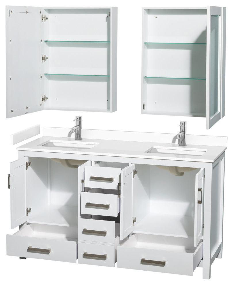 60"DBL Bathroom Vanity White, White Cult. Marble Countertop, Sinks, Med.Cabinets