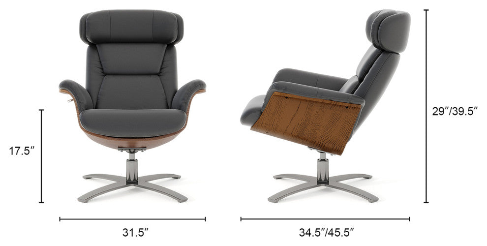 Jovan 31.5" Genuine Leather Adjustable Recliner Lounge Chair, Shadow Gray