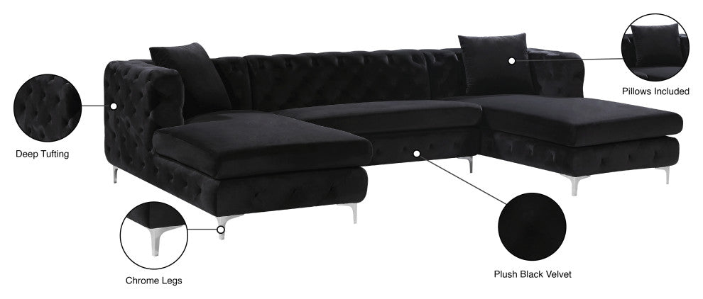 Gail Velvet 3-Piece Sectional, Black