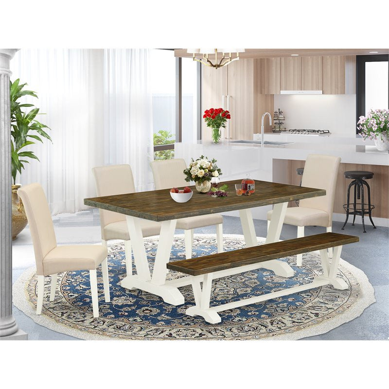 6-Piece Set Table and Bench and 4 Linen Fabric Chairs, Linen White