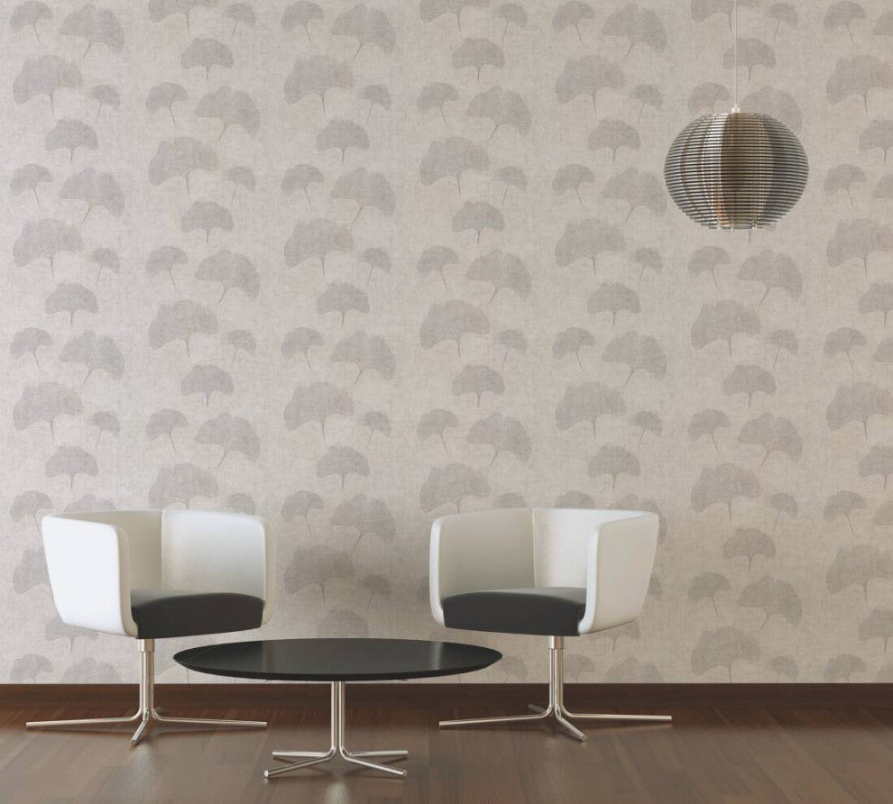 Floral Textured Wallpaper Gingko Leaves, Gray Silver, Sample