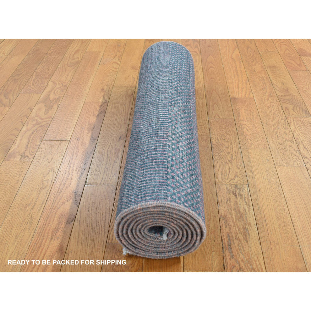 Midnight Green Wool and Silk Grass Design Hand Knotted Runner Rug 2'7"x8'10"
