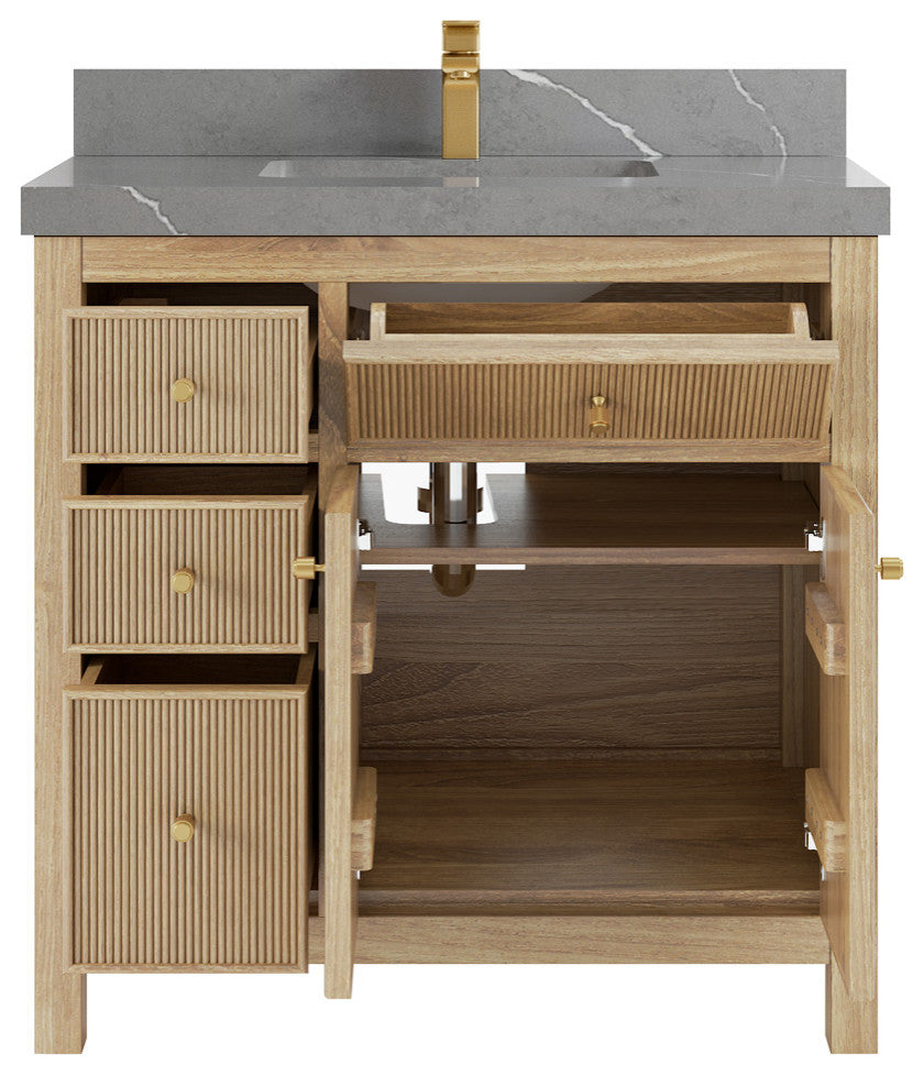Sonoma Teak 36 Center Sink Vanity in Light  Natural with 2" Piatra Gray Quartz