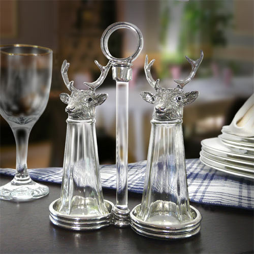 Stags Pewter and Glass Salt and Pepper Shakers Set