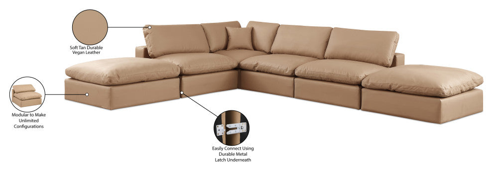 Comfy Upholstered L-Shaped Modular Sectional, Tan, 6-Piece: 3 Armless Chair, 1 Corner Chair, 2 Ottoman, Vegan Leather