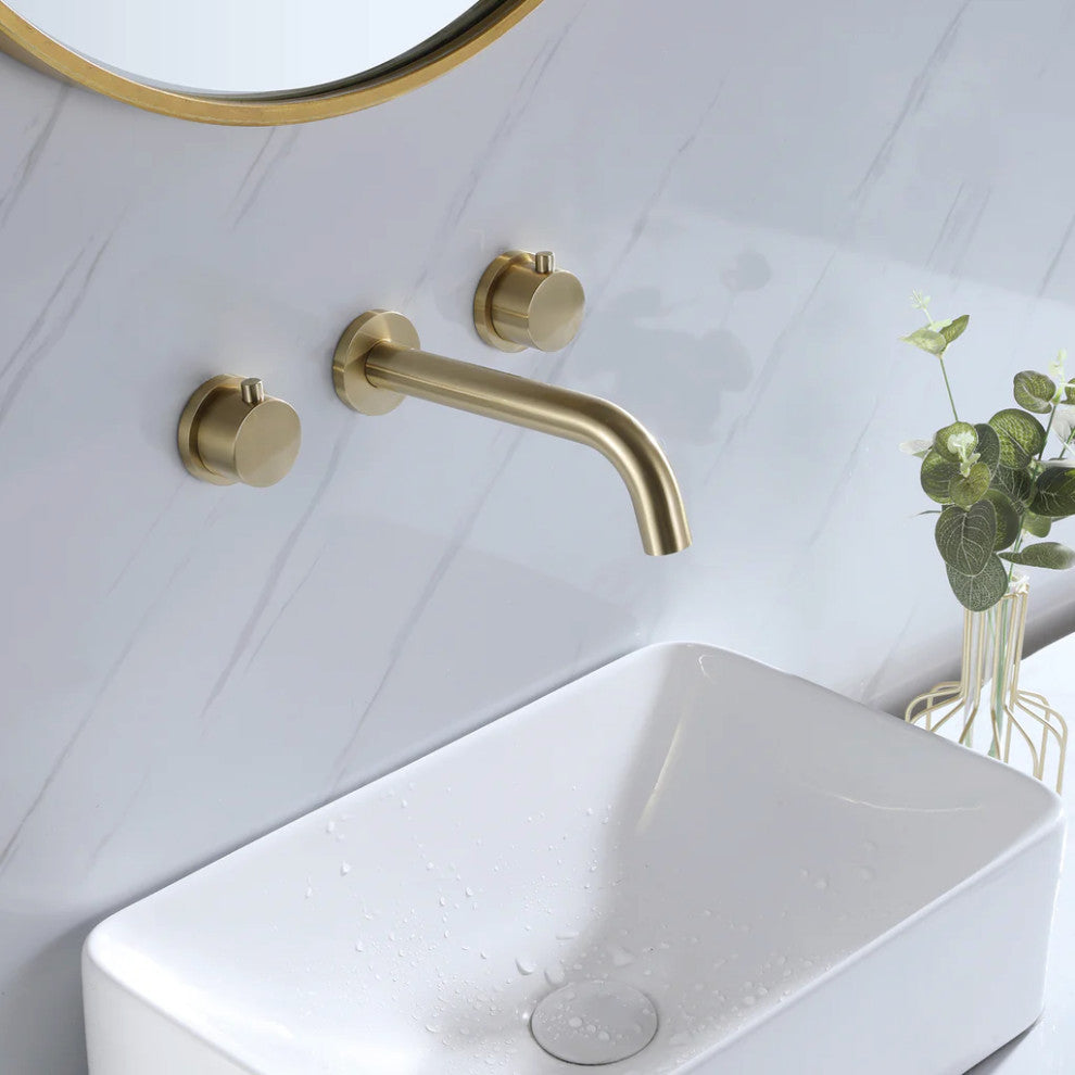 Solid Brass Wall Mount 2 Handle Bathroom Sink Faucet