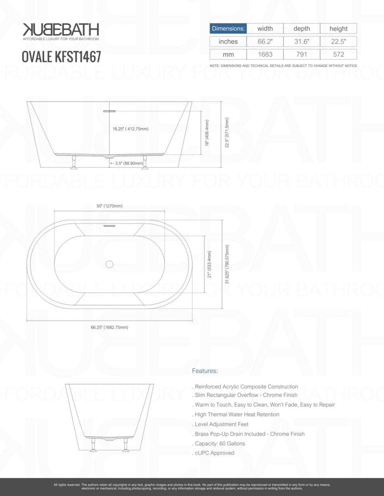 Kube Ovale 67" White Free Standing Bathtub