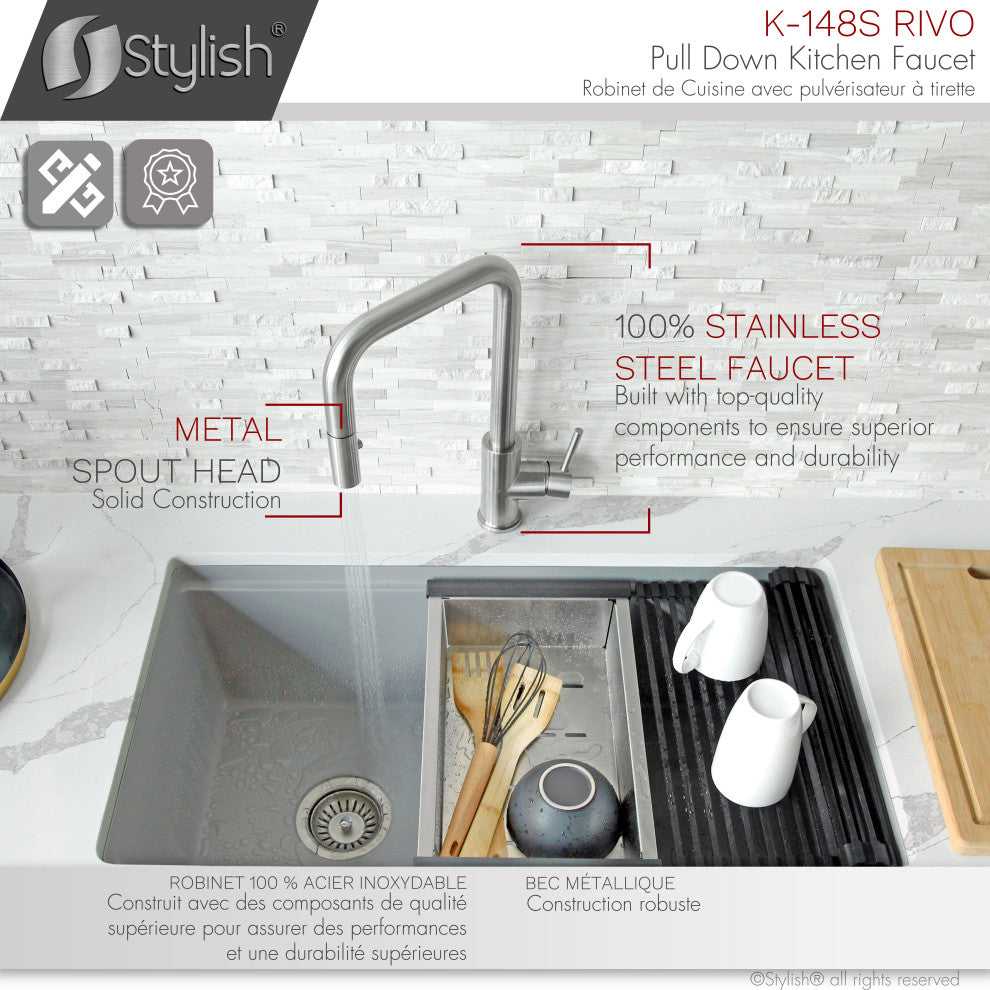 STYLISH Single Handle Pull-Down Dual Mode Kitchen Faucet Stainless Steel Brushed
