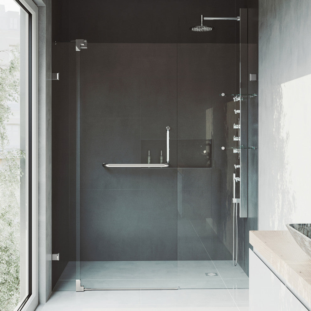 VIGO Pirouette 48" to 54" W x 72" H Frameless Pivot Shower Door, Brushed Nickel, Clear Glass