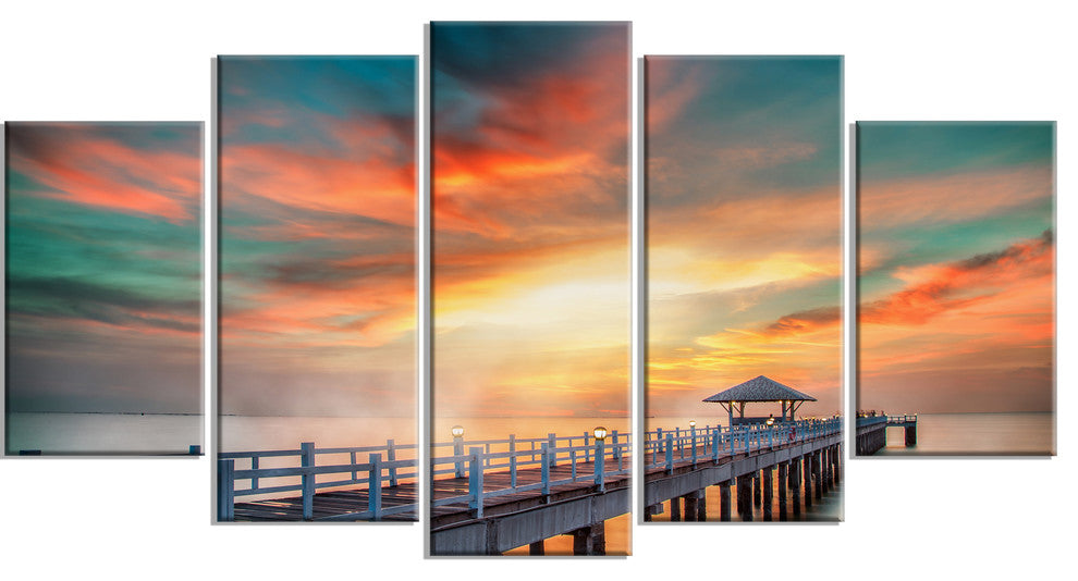 "Fascinating Sky and Wooden Bridge" Sea Pier Wall Art, 5 Panels, 60"x32"