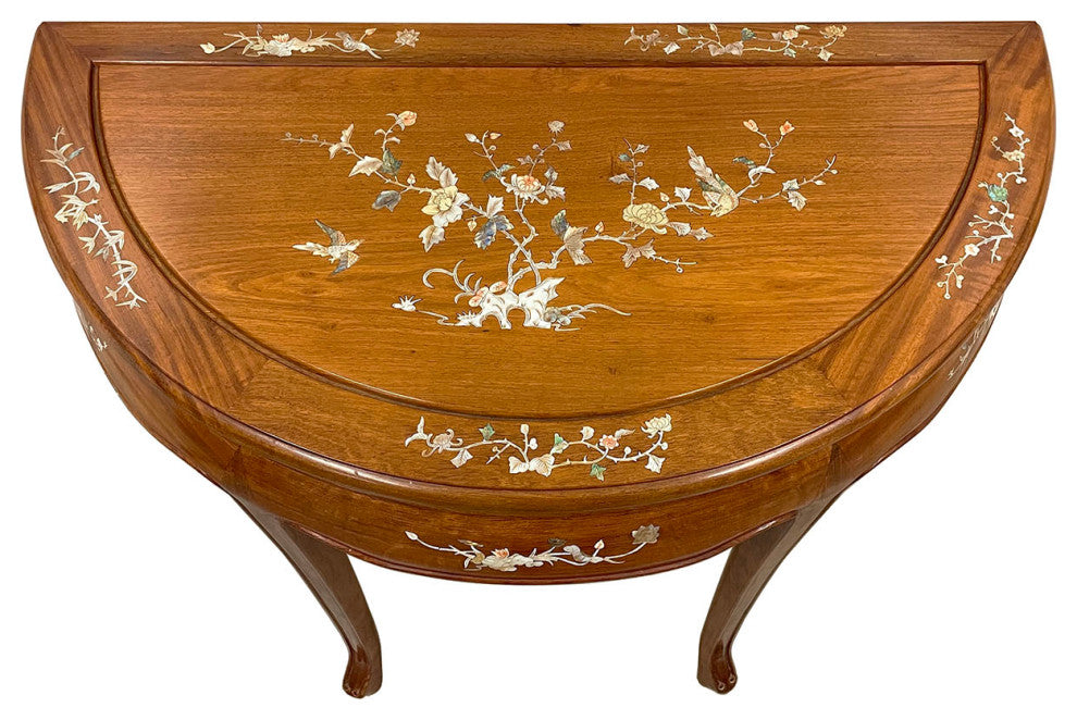 Consigned 20th Century Chinese Rosewood Half Moon Table w/Mother of Pearl inlay