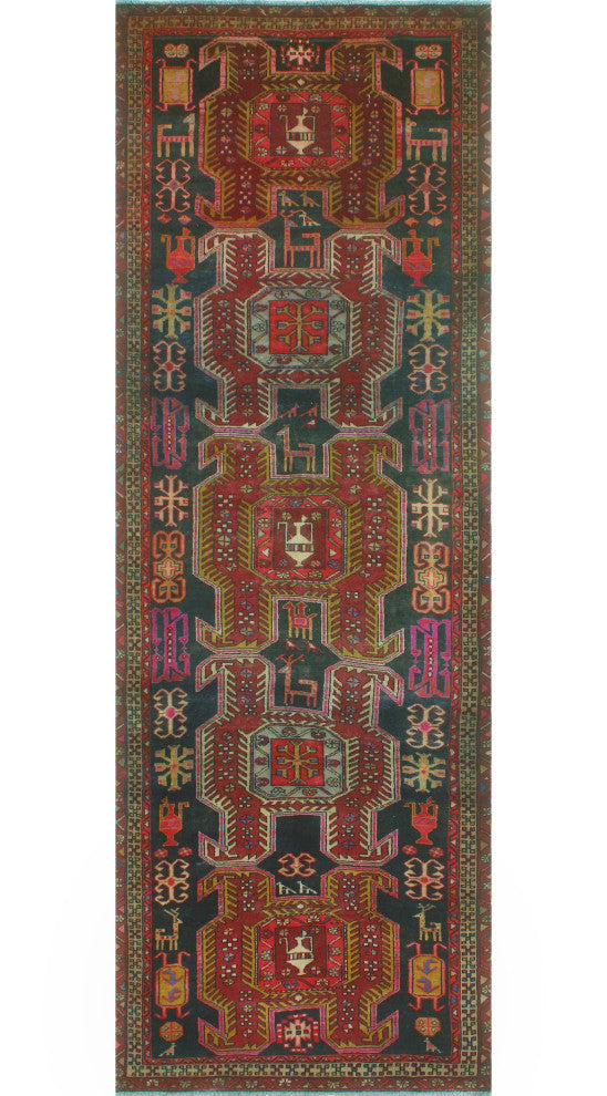 Fine Vintage Distressed Diano Charcoal/Burgundy Runner, 3'7x10'6