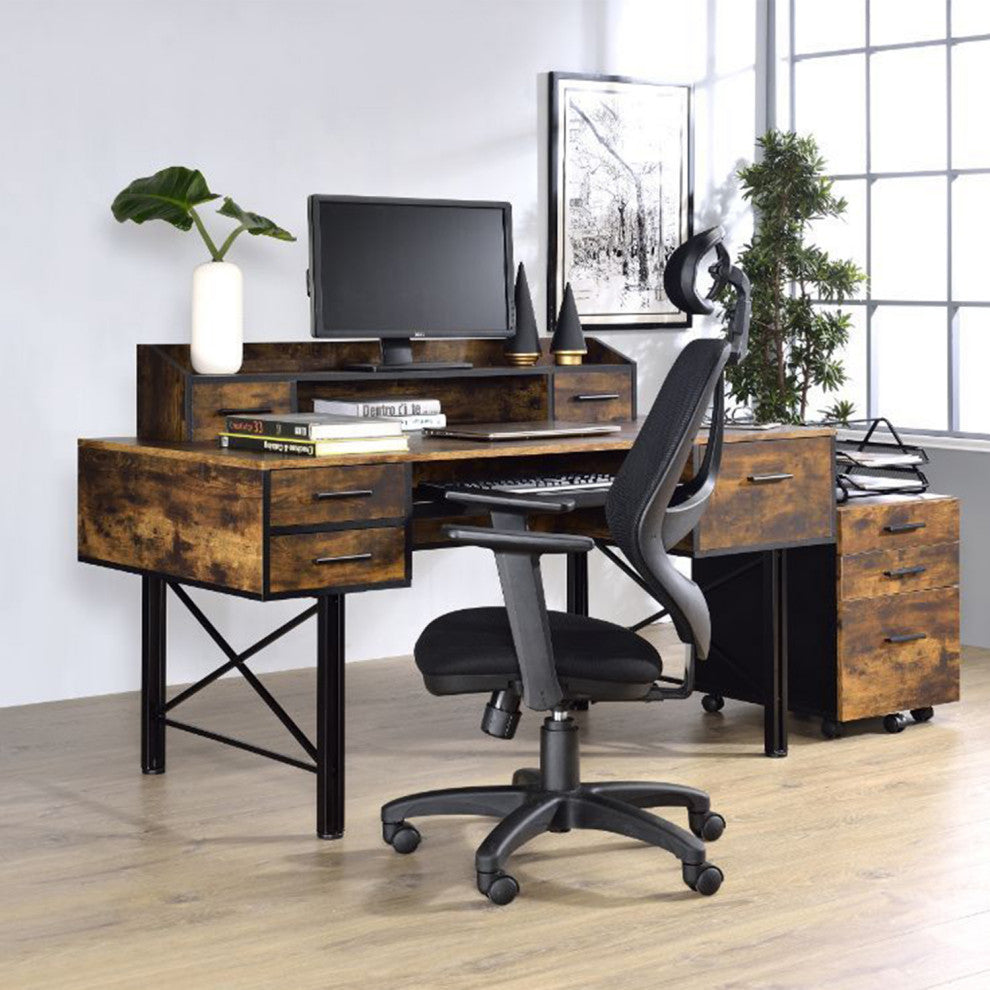 5 Storage Drawers Computer Desk, Weathered Oak and Black