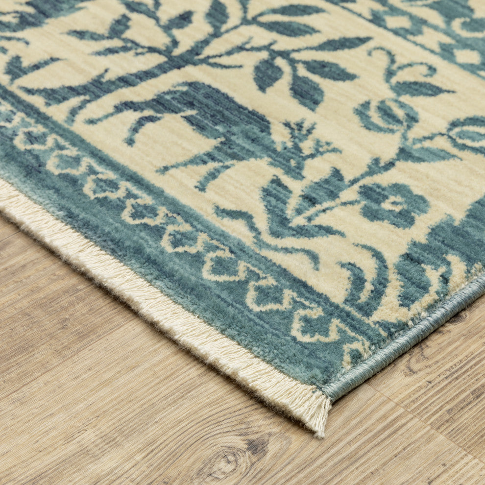Fabienne Bordered Botanical Indoor Ivory/Blue Area Rug, Ivory, 5'3"x7'6"