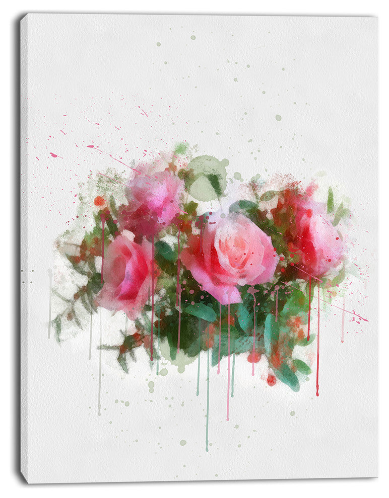 Bunch of Pink Roses Watercolor, Flower Artwork on Canvas, 12"x20"