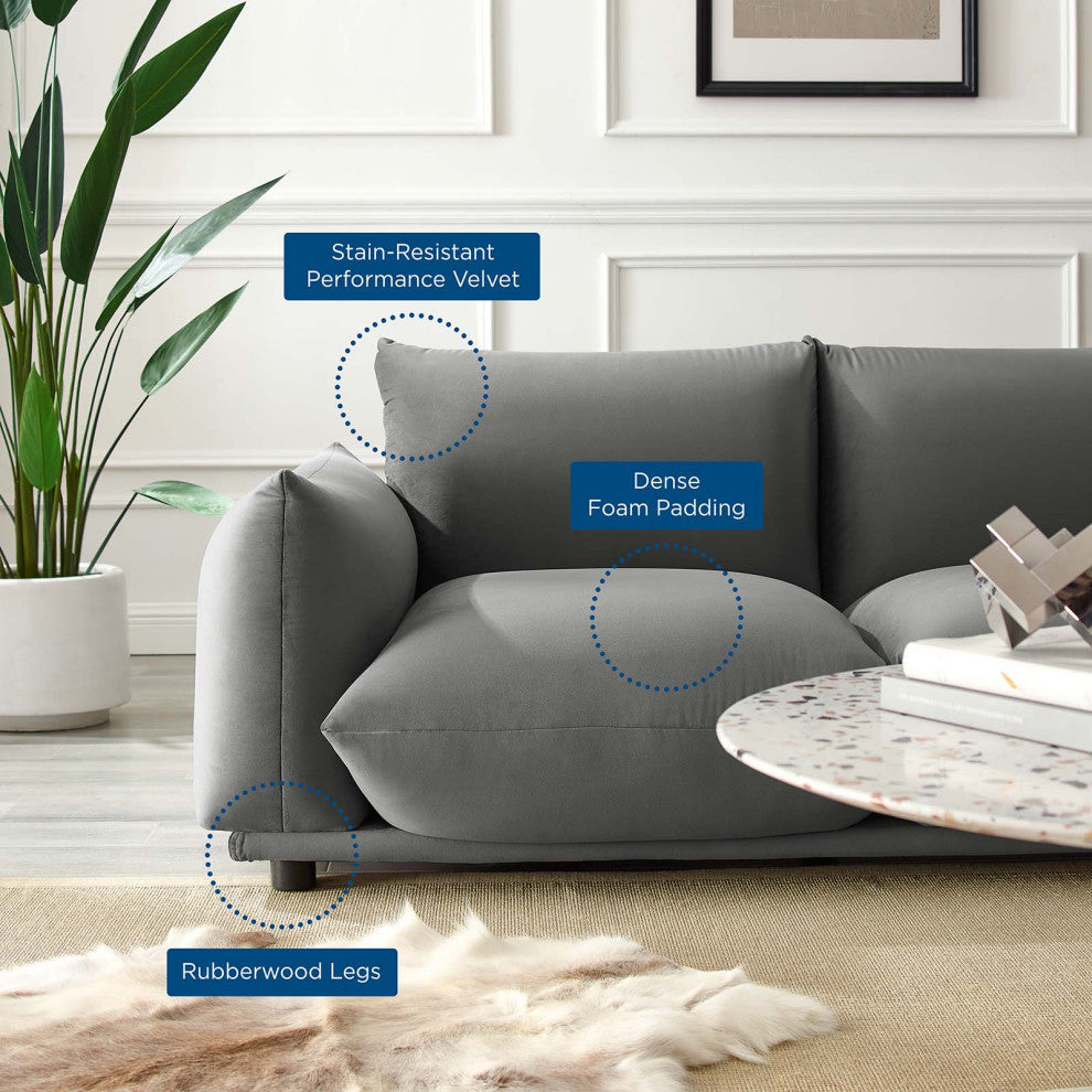 Loveseat Sofa, Velvet, Gray, Modern, Living Lounge Hotel Lobby Hospitality