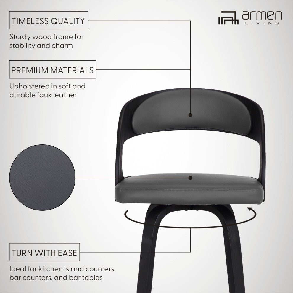 Shelly 26" Counterstool, Black Brush Wood Finish & Gray Faux Leather, Barstool