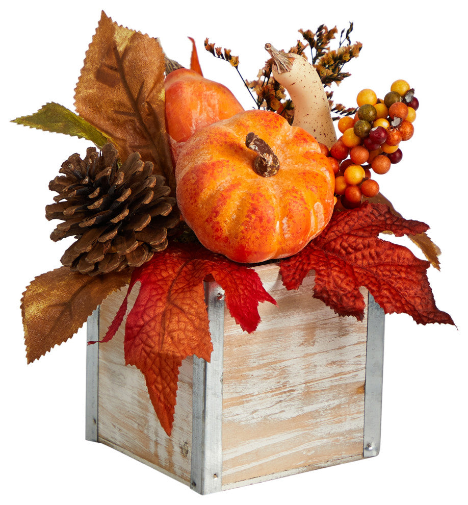 8" Fall Pumpkin, Gourd, Berries & Pinecones Faux Arrangement Natural Washed Vase