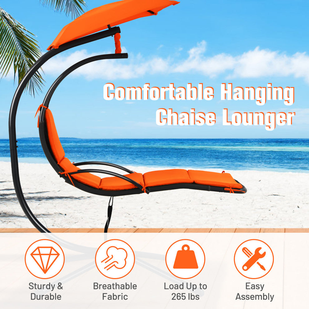 Costway Patio Hanging Hammock Chaise Lounge Chair with Canopy Cushion Orange