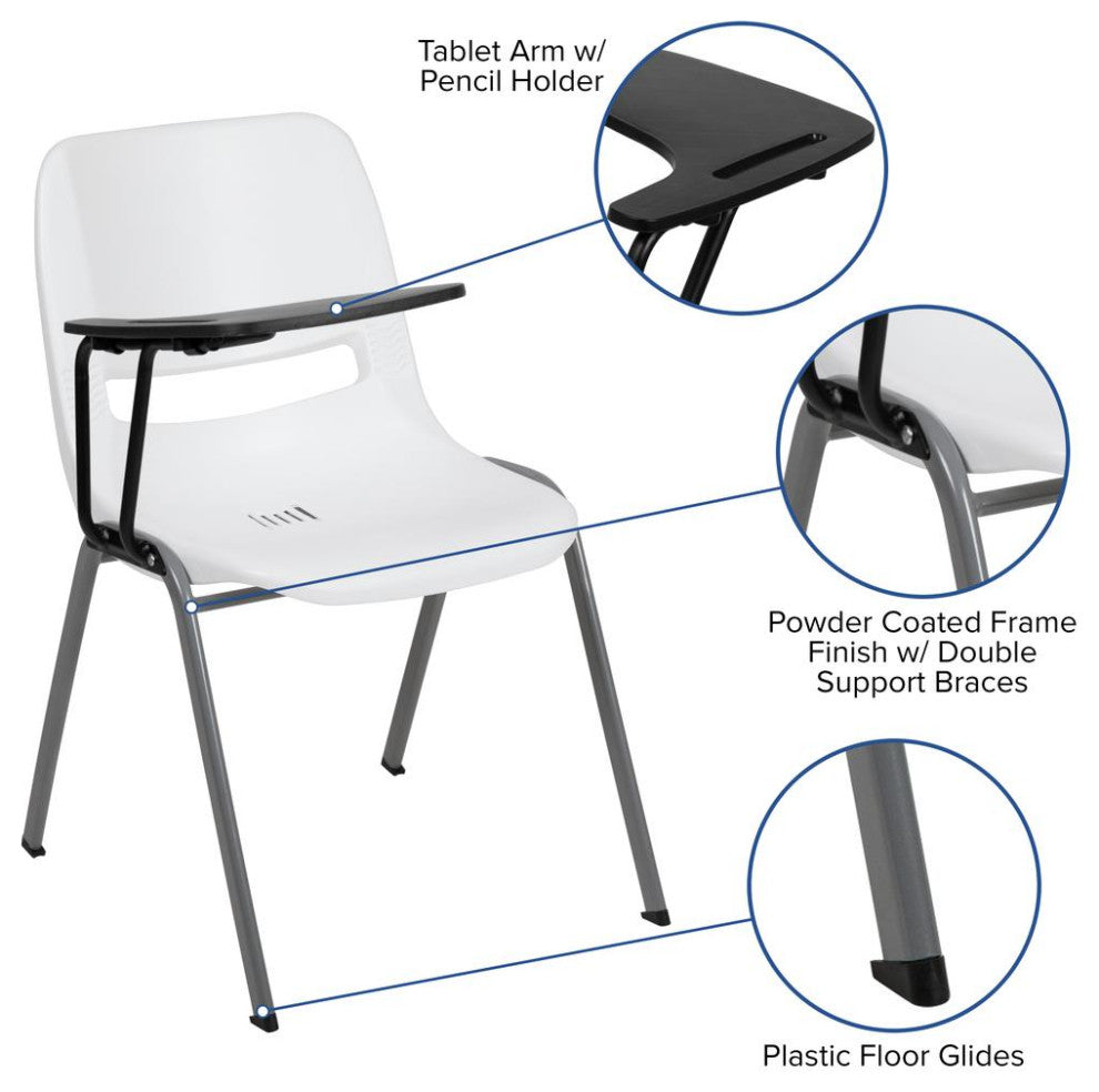 Ergonomic Shell Chair With Right Handed Flip-Up Tablet Arm, White/Right