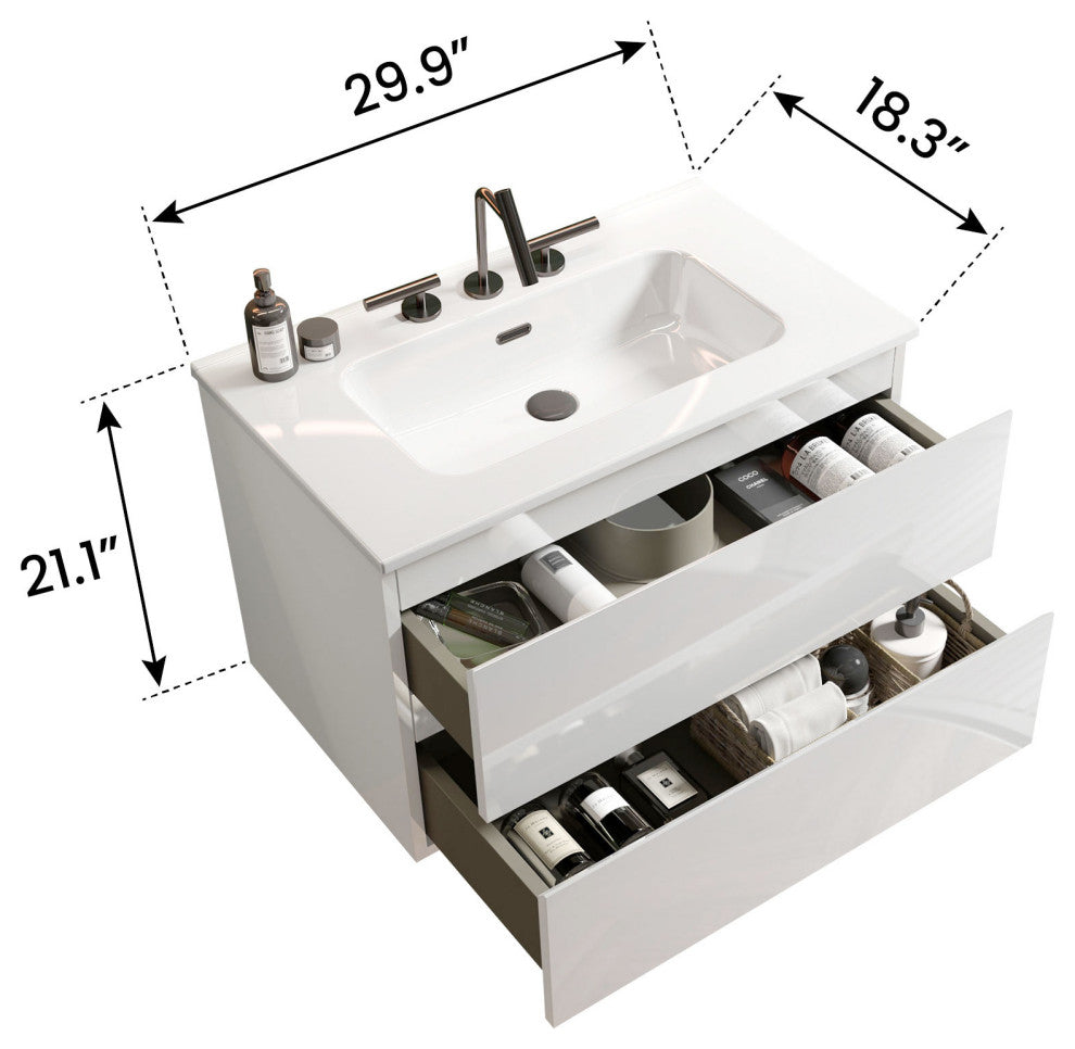 Wall-Mounted Bathroom Vanity Set with Ceramic Sink, White, 30"