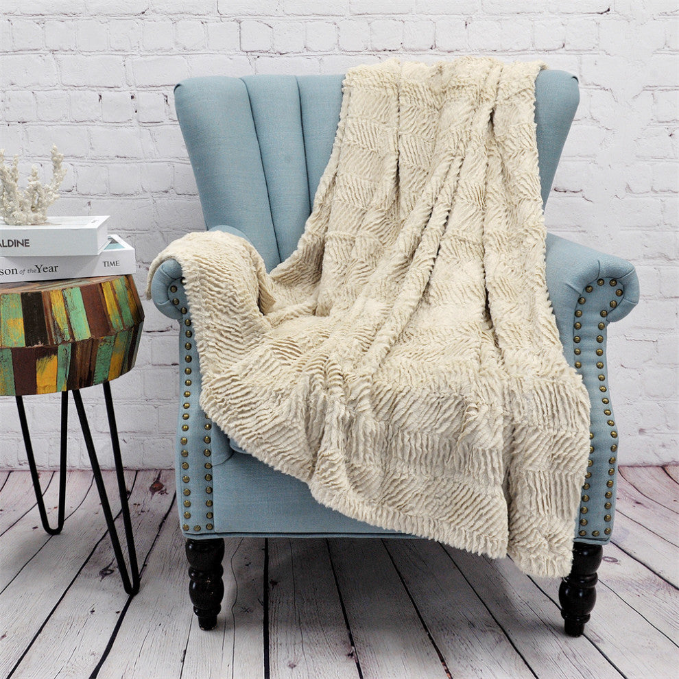 Herringbone Jumbo Over-Size Faux Fur Throw Blanket, Beige, 60" X 80"