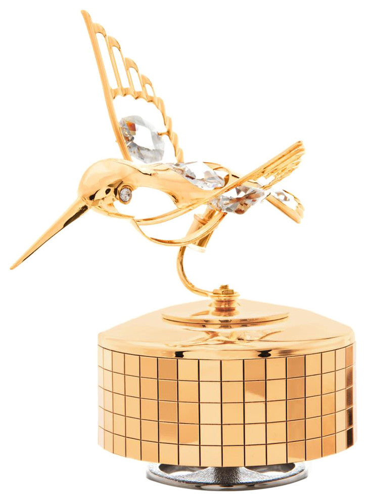 24K Gold Plated Music Box With Crystal Studded Hummingbird Figurine