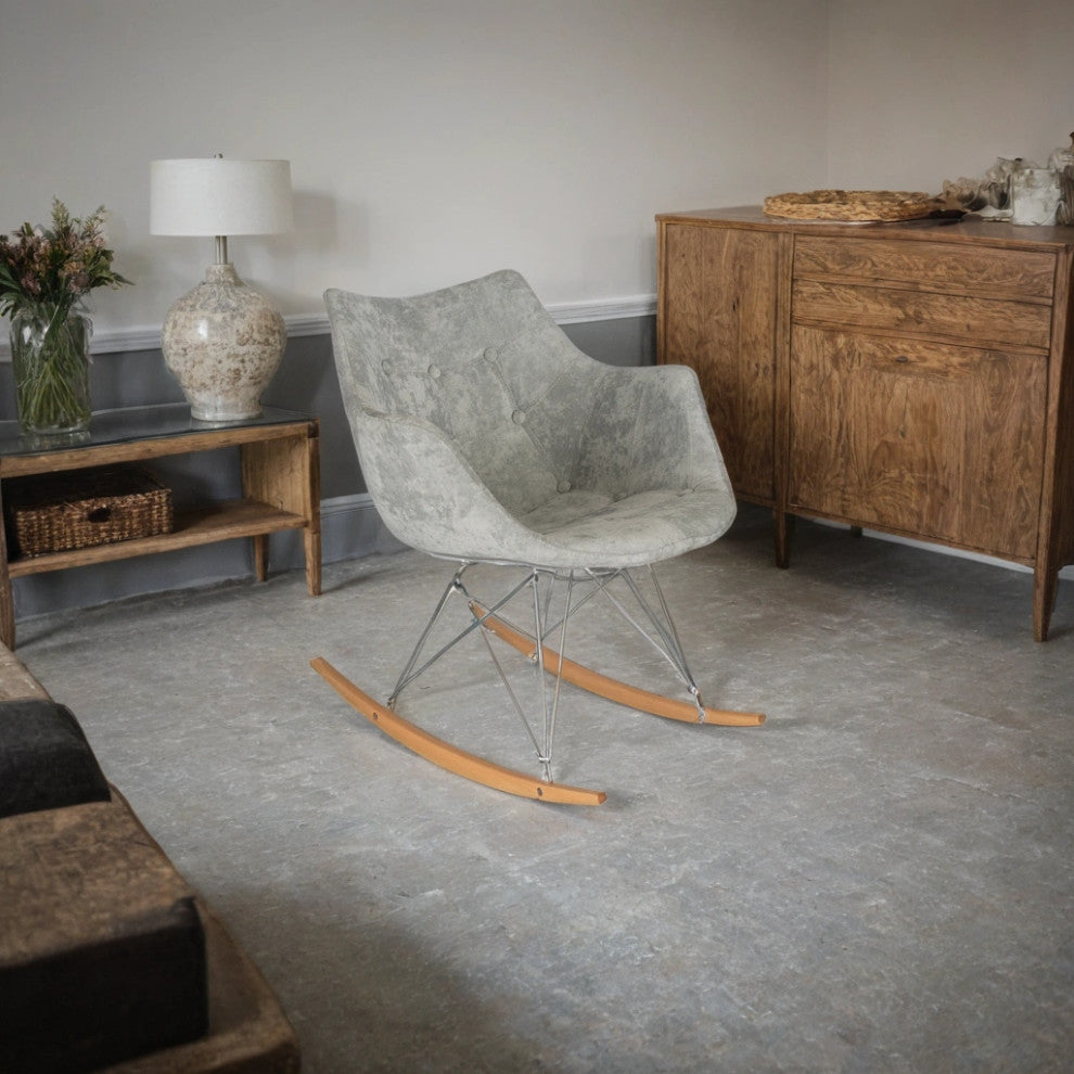 Upholstered Accent Rocking Chair, Velvet With Ash Wood Legs, French Silver