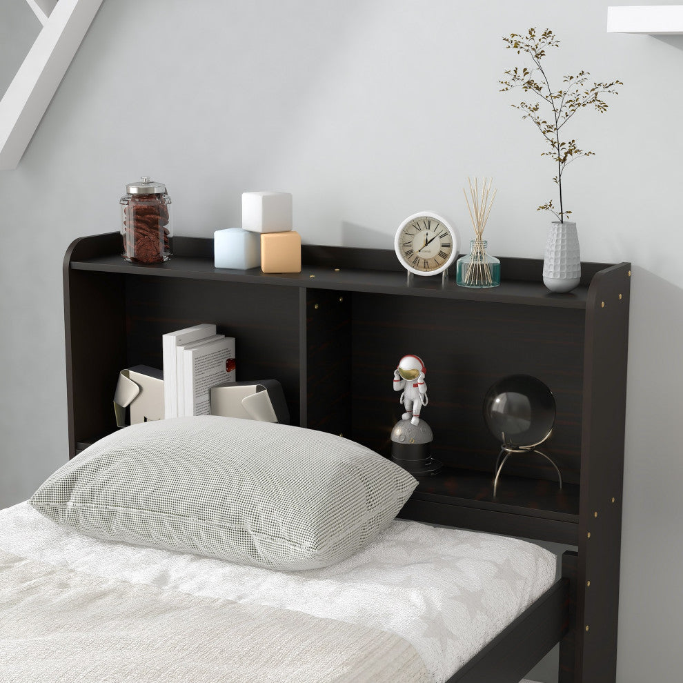 Full/Twin Wood Frame Platform Bed with Trundle and Drawers, Espresso, Twin