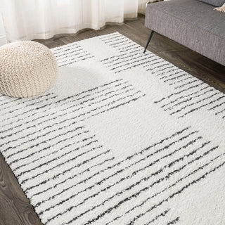 Petra Abstract Stripe Geometric Shag, White/Black, 4'x6'