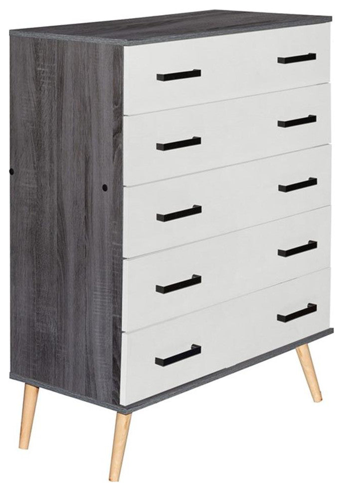 Better Home Products Eli Mid-Century Modern 5 Drawer Chest Charcoal & Silver Oak