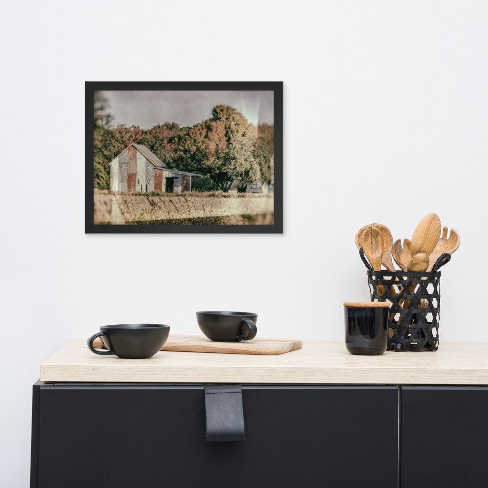 Patriotic Weathered Barn in Field Glass Plate Framed Photo Paper Wall Art Prints, Black, 12" X 16"