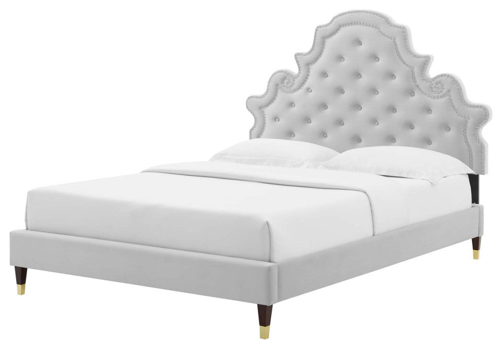 Tufted Platform Bed Frame, Queen Size, Velvet, Gray, Modern Contemporary