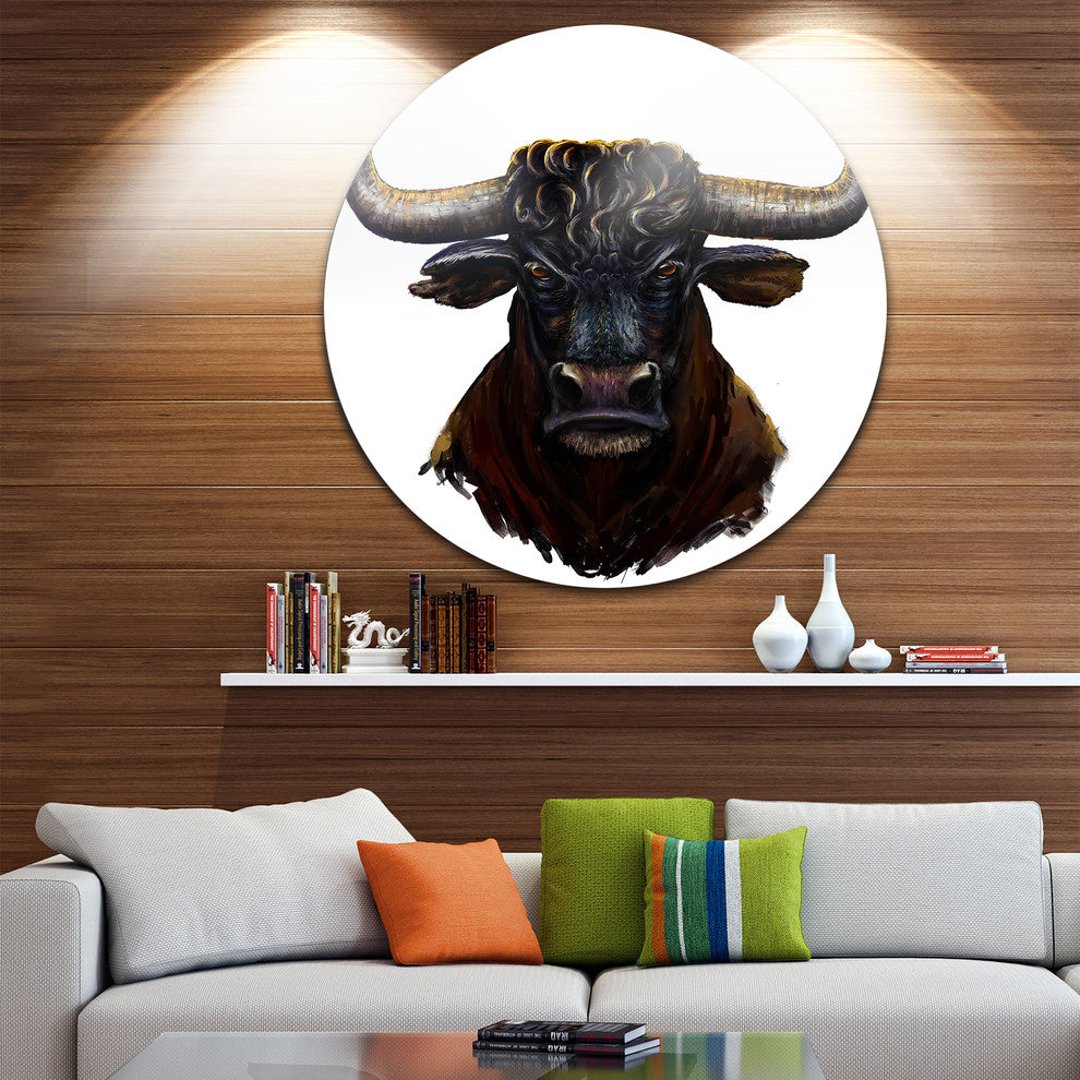 Furious Bull Illustration Art, Animal Round Wall Art, 23"