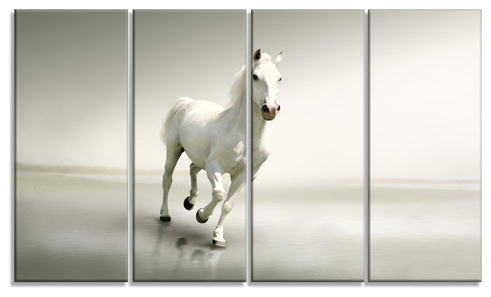 Beautiful White Horse Running, Animal Canvas Art Print, 48"x28", 4 Panels