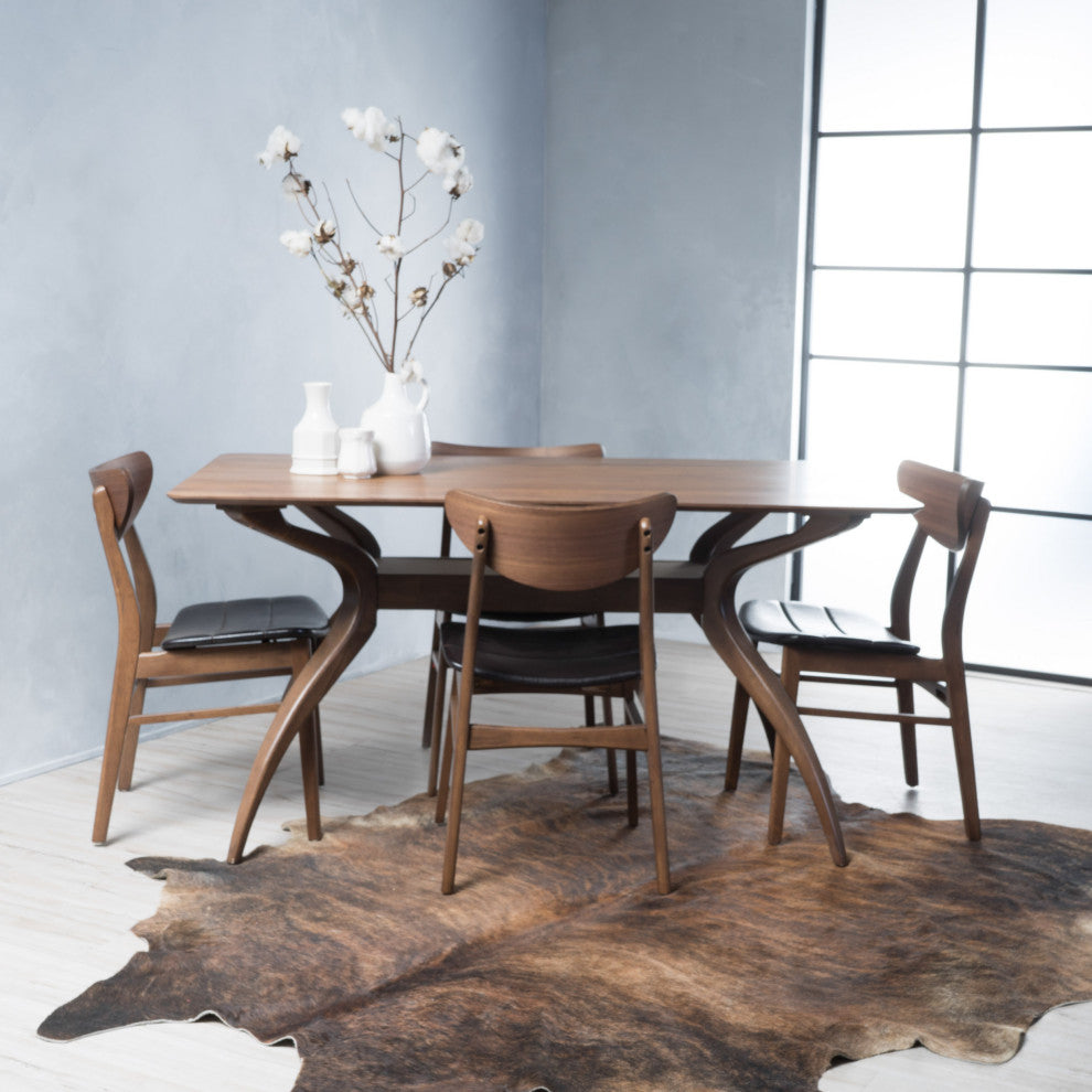 GDF Studio 5-Piece Adelade Brown Leather Wood Curved Leg Dining Set