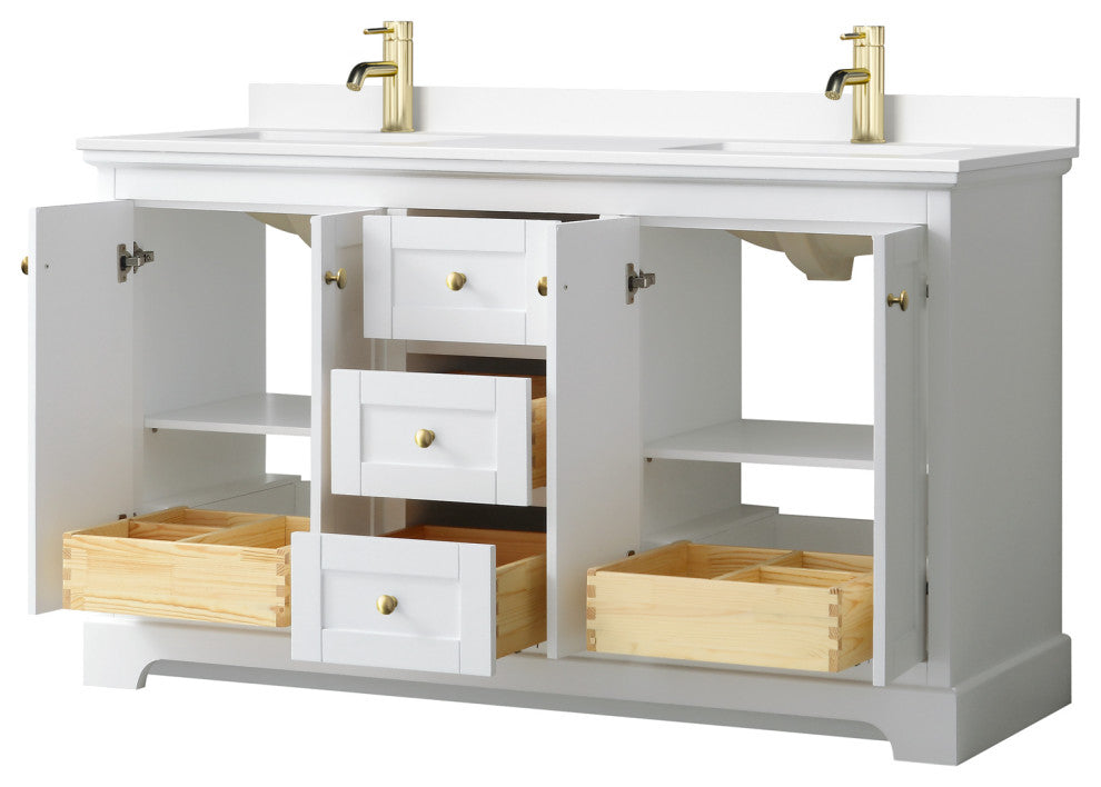 60"DBL Bath Vanity, White, White Cult. Marble Countertop, Sinks, Gold Trim