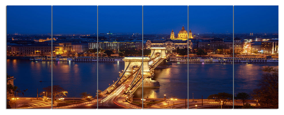 Illuminated Cain Bridge Budapest, Cityscape Canvas Art Print, 70"x28", 6 Panels