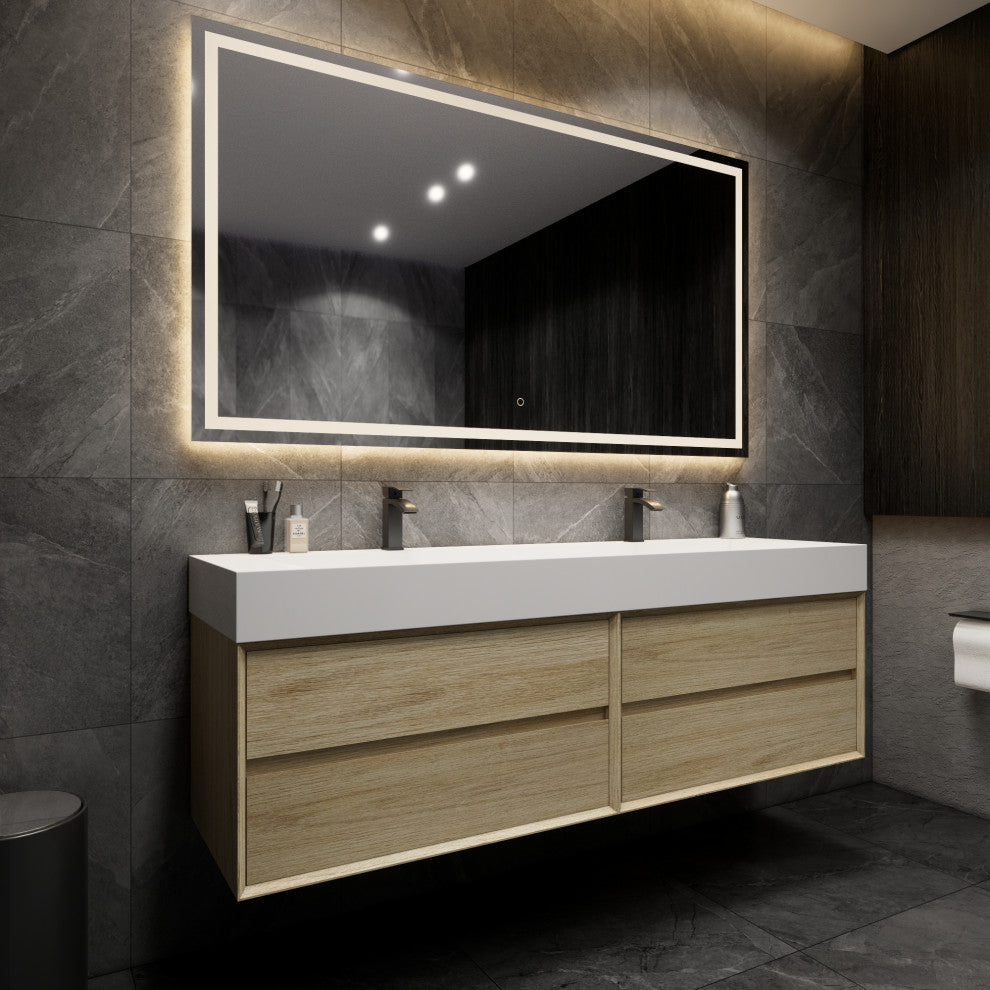 MAX 72" Double Floating Bath Vanity With Acrylic Sink, Coffee Wood