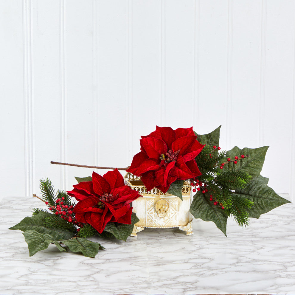 31" Poinsettia, Berries and Pine Artificial Flower Bundle, Set of 3
