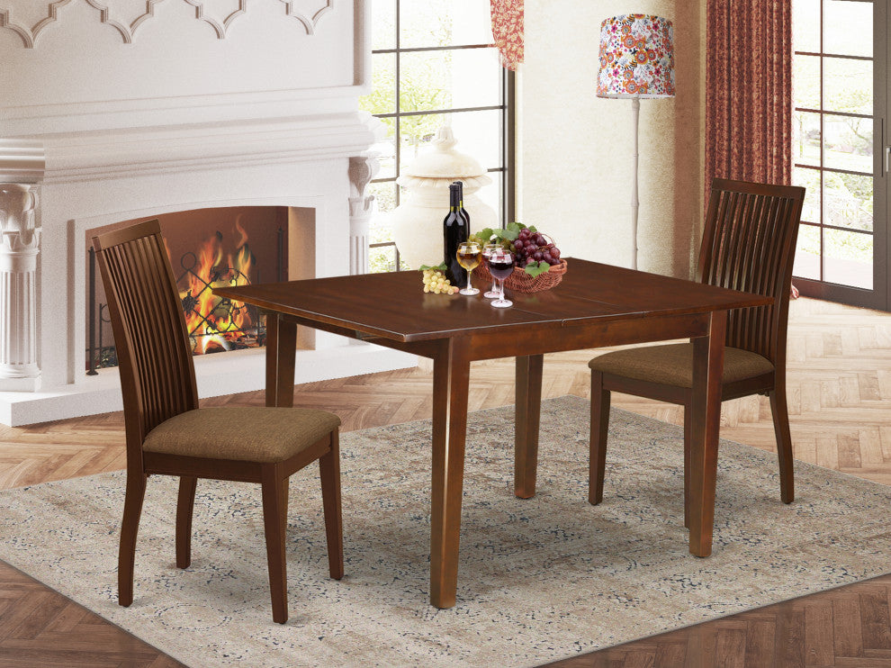 3Pc Dinette Set, Rectangular Table, Two Linen Seat Chairs, Mahogany
