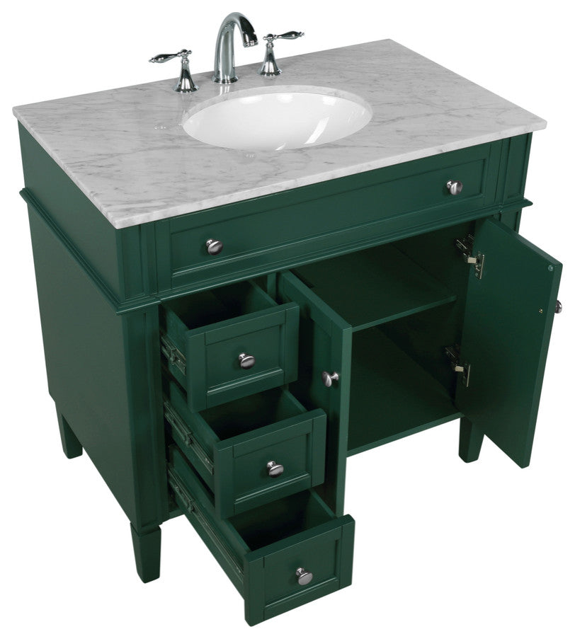 Home Living Vanity with Carrara White Marble Countertop, Green, 36", Single Sink