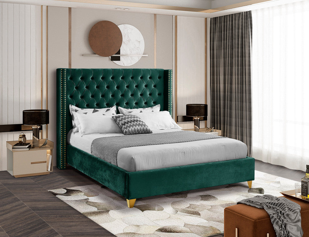 Barolo Velvet Upholstered Bed, Green, Queen