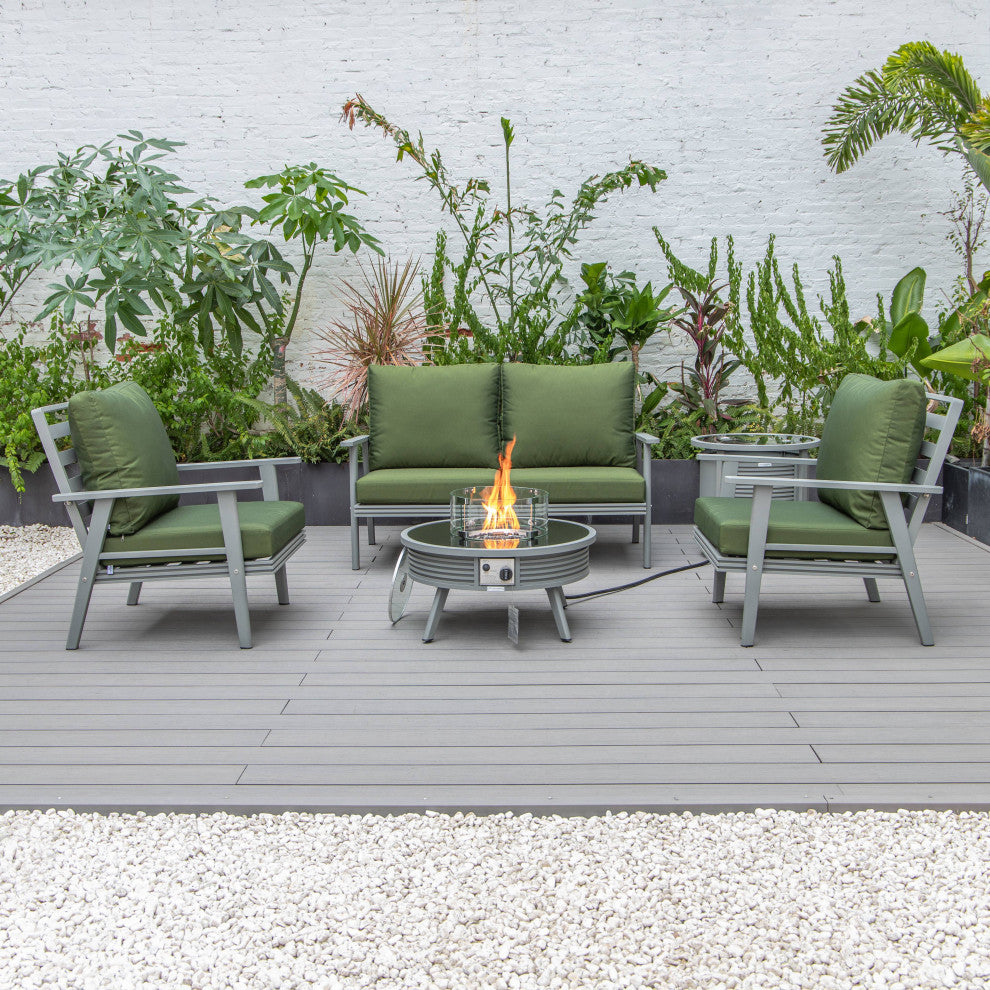 LeisureMod Walbrooke Patio Sofa Set With Round Fire Pit Table, Green