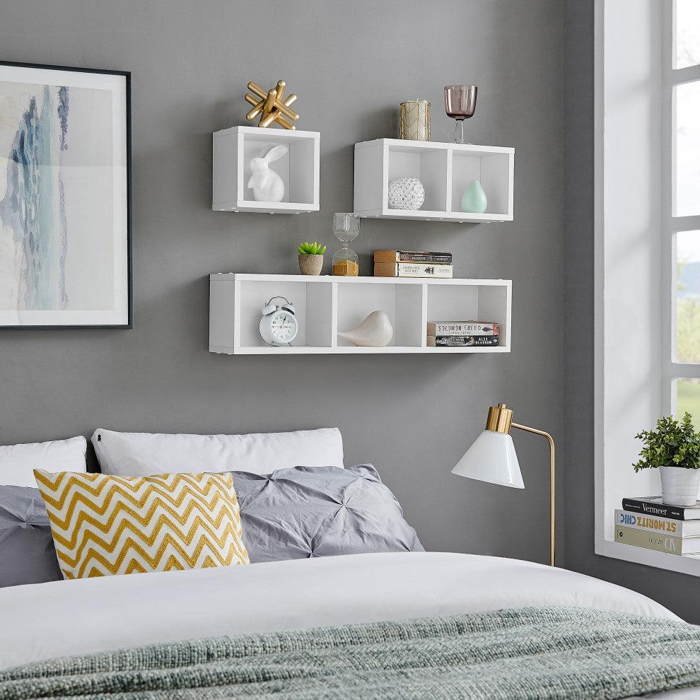 Danya B. Bauhaus Floating Geometric Cubby Wall Shelves Set of 3 Sizes, White