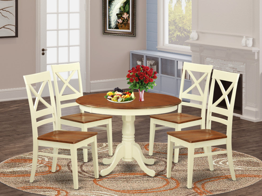 5 Pc Set, Round Table And 4 Leather Kitchen Chairs In Buttermilk And Cherry